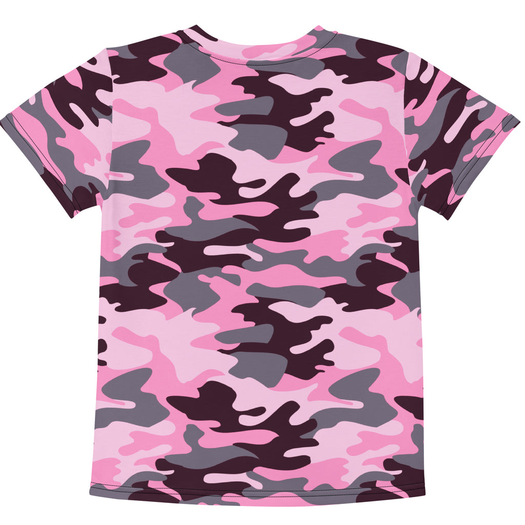Girls pink camouflage cotton t-shirt with short sleeves featuring pink gray and black camo pattern