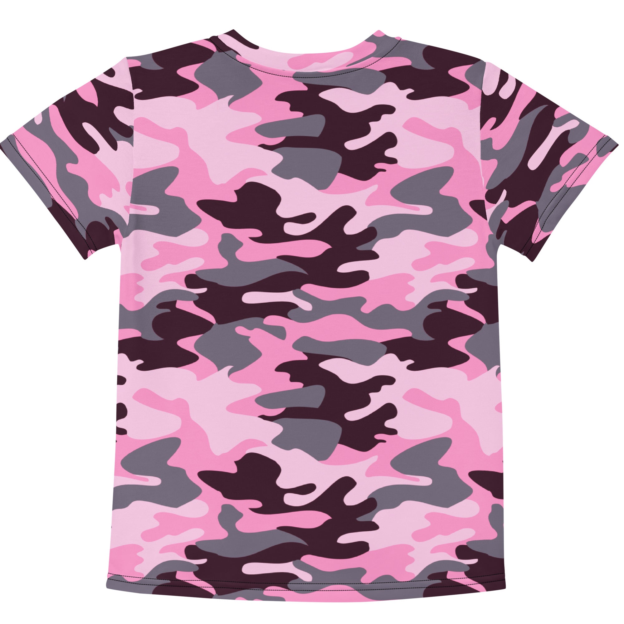 Girls pink camouflage cotton t-shirt with short sleeves featuring pink gray and black camo pattern