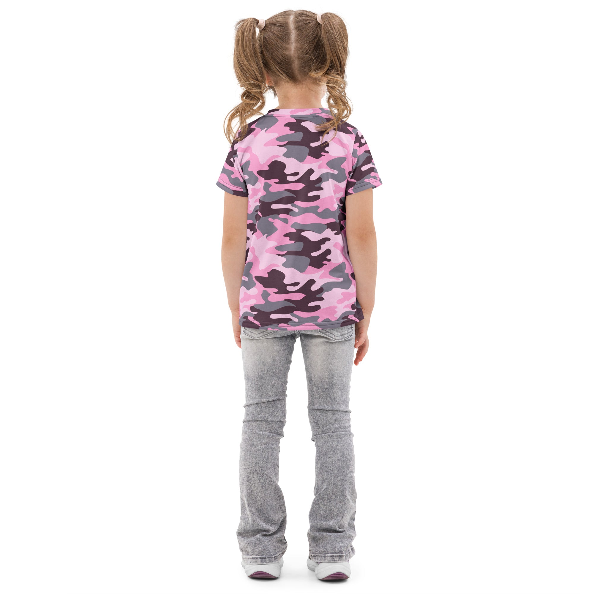 Girls pink and gray camouflage cotton t-shirt with short sleeves for casual wear