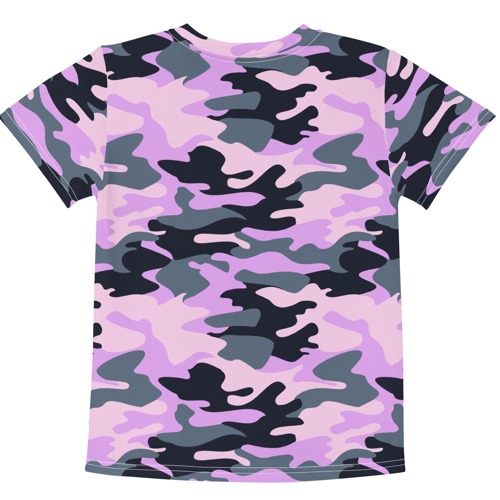 Girls purple camouflage cotton t-shirt with short sleeves featuring a vibrant pink black and gray pattern