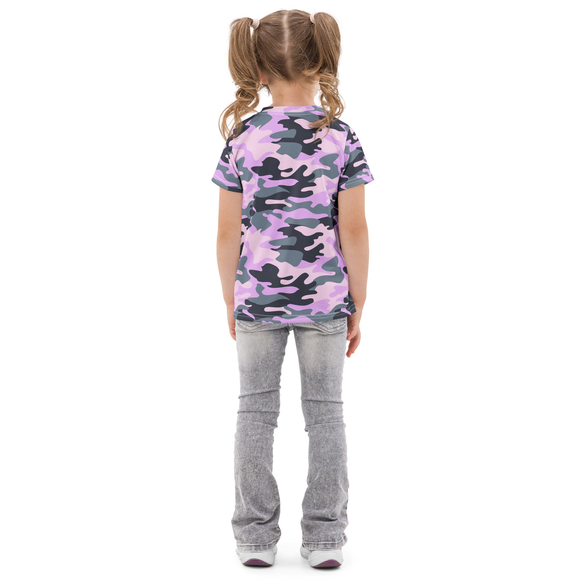 A child wearing a girls purple camouflage cotton t-shirt with a pink and gray short-sleeved design