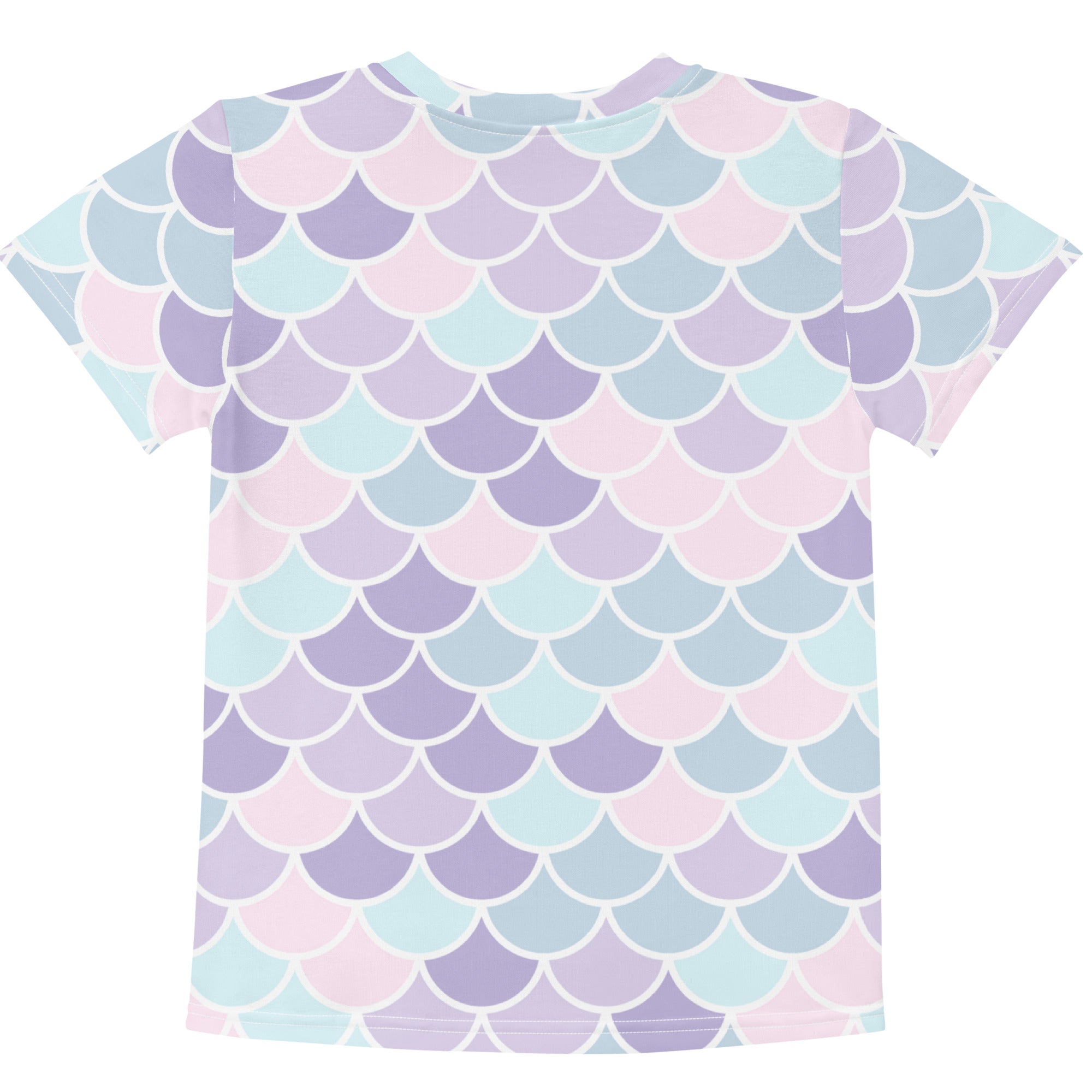 Girls pastel mermaid scales cotton t-shirt with short sleeves and soft lavender mint green blush pink pattern