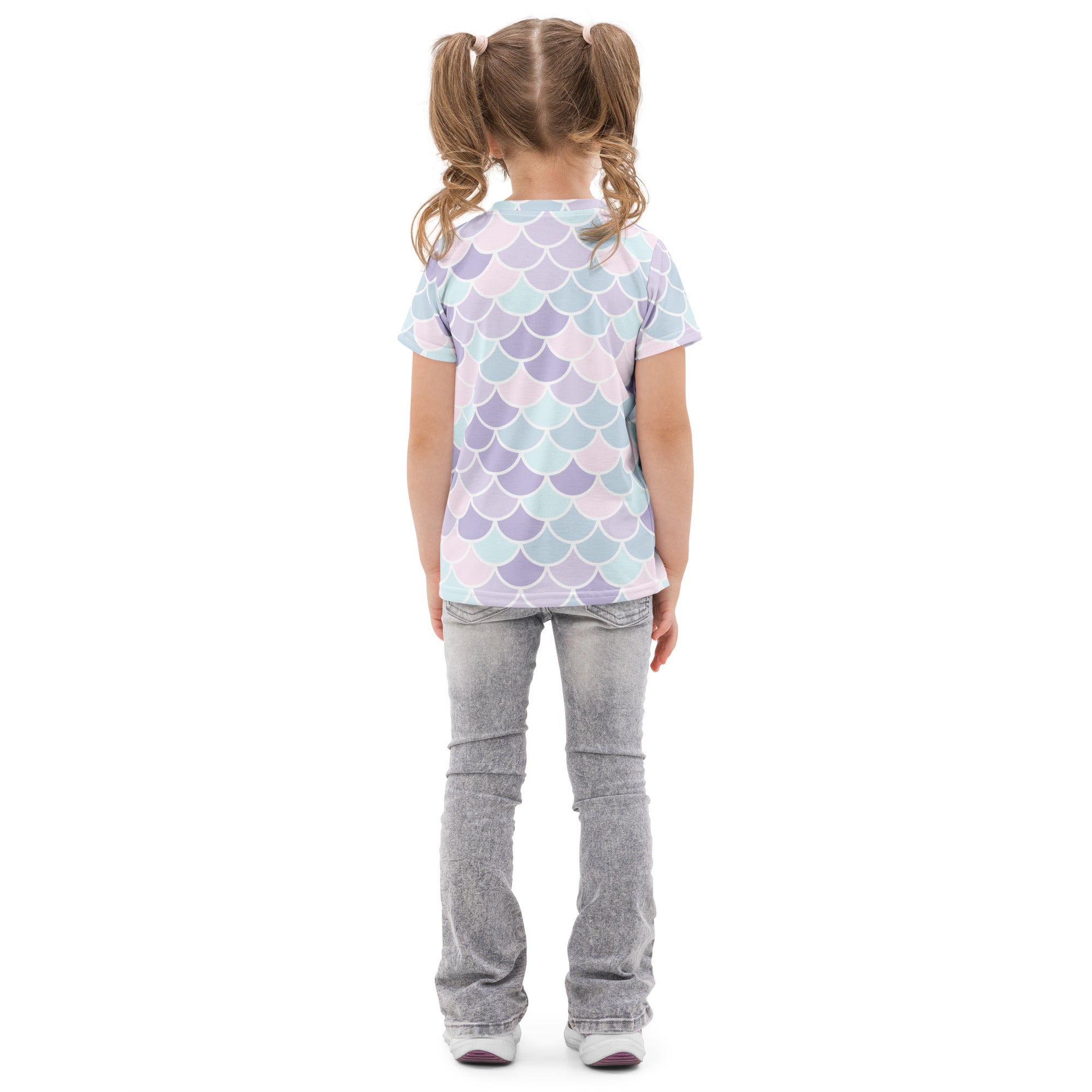 Girls pastel mermaid scales cotton short-sleeve t-shirt featuring a colorful pastel mermaid-scale print