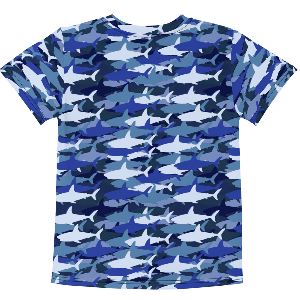 Kids blue shark camo cotton short-sleeved t-shirt with blue and white shark camouflage pattern front view