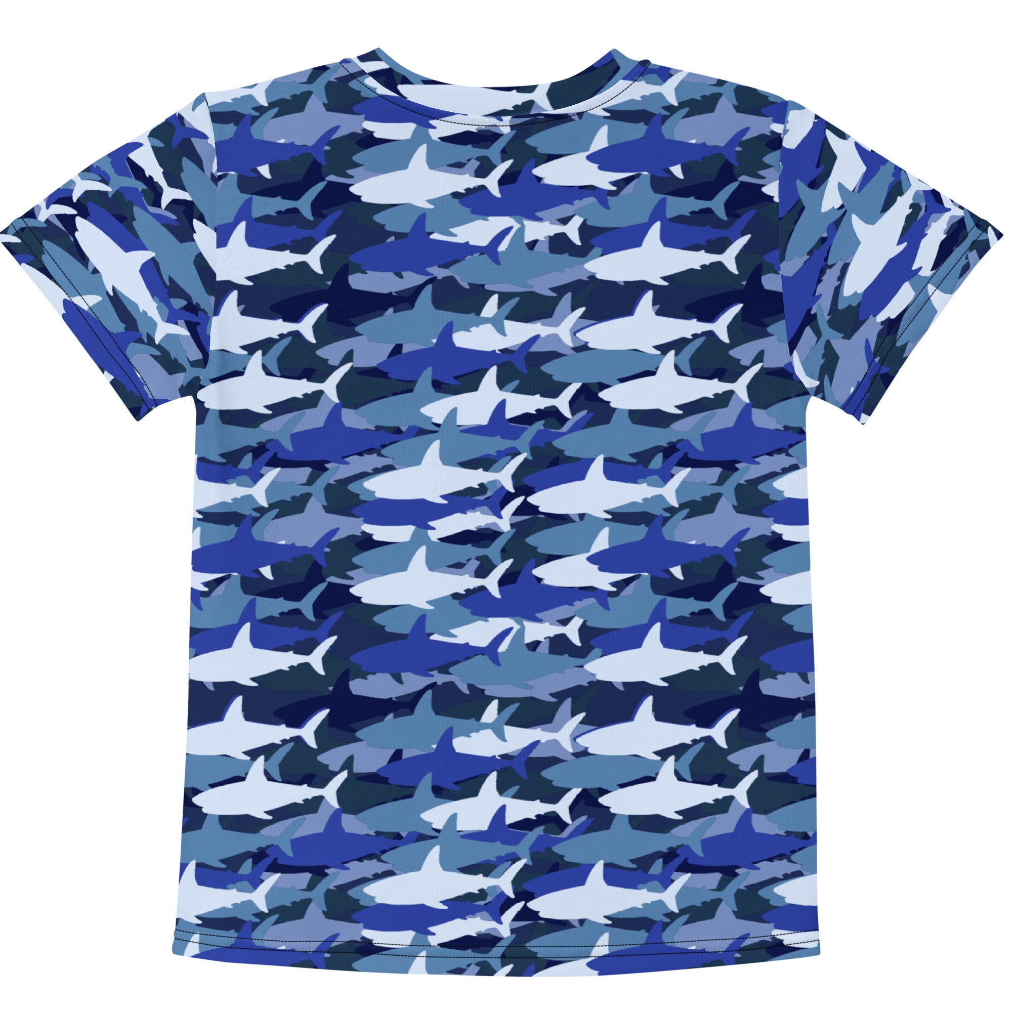 Kids blue shark camo cotton short-sleeved t-shirt with blue and white shark camouflage pattern front view