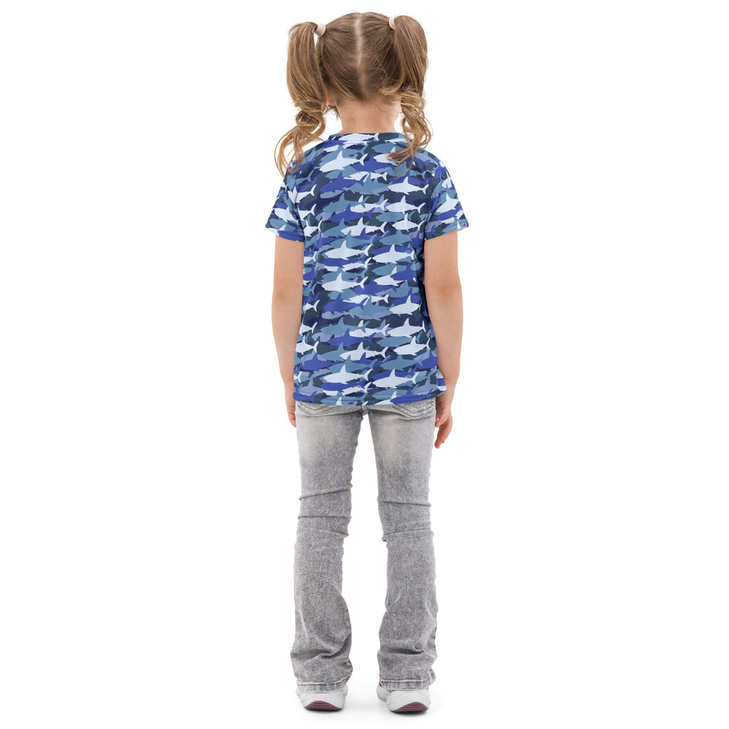 Kids blue shark camo short-sleeved cotton t-shirt featuring a shark pattern for casual wear