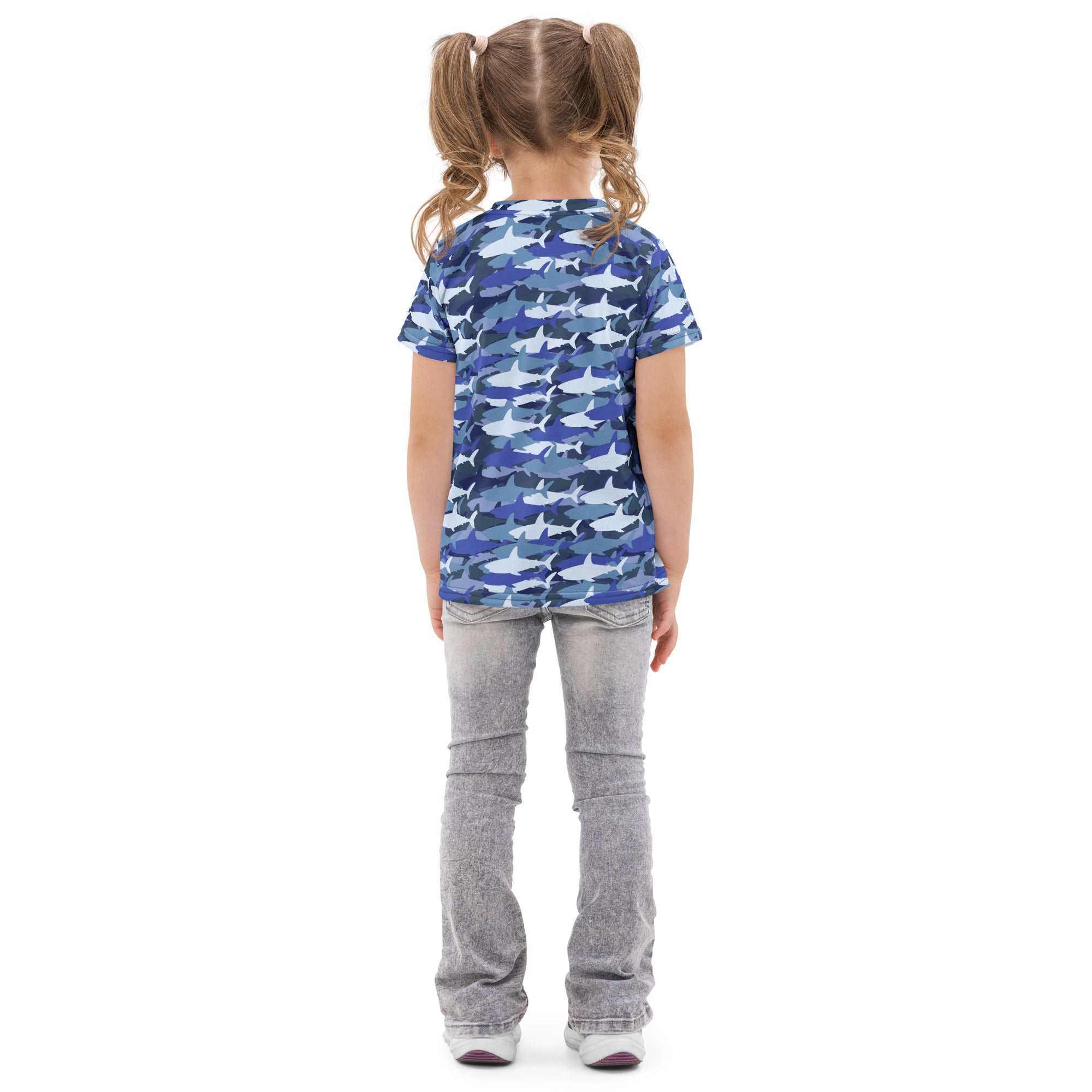 Kids blue shark camo short-sleeved cotton t-shirt featuring a shark pattern for casual wear