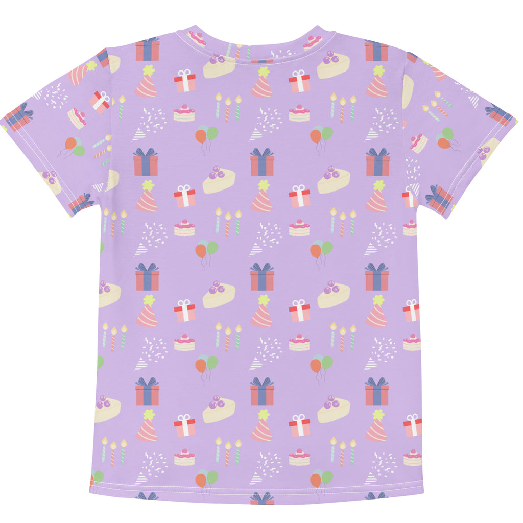 Kids purple birthday party cotton t-shirt with lavender color and playful birthday-themed all-over print