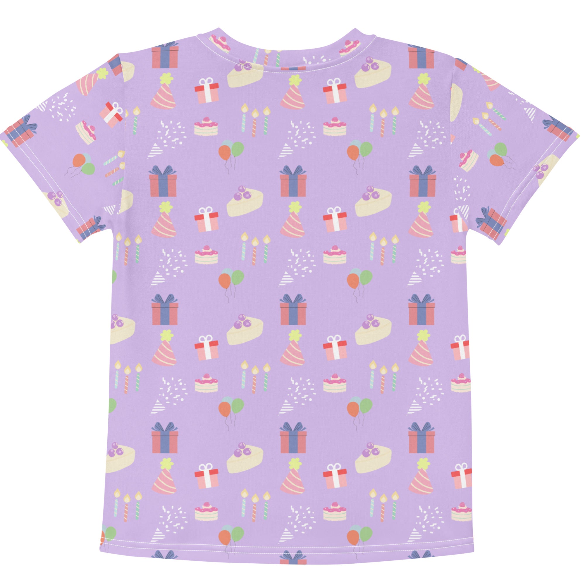 Kids purple birthday party cotton t-shirt with lavender color and playful birthday-themed all-over print