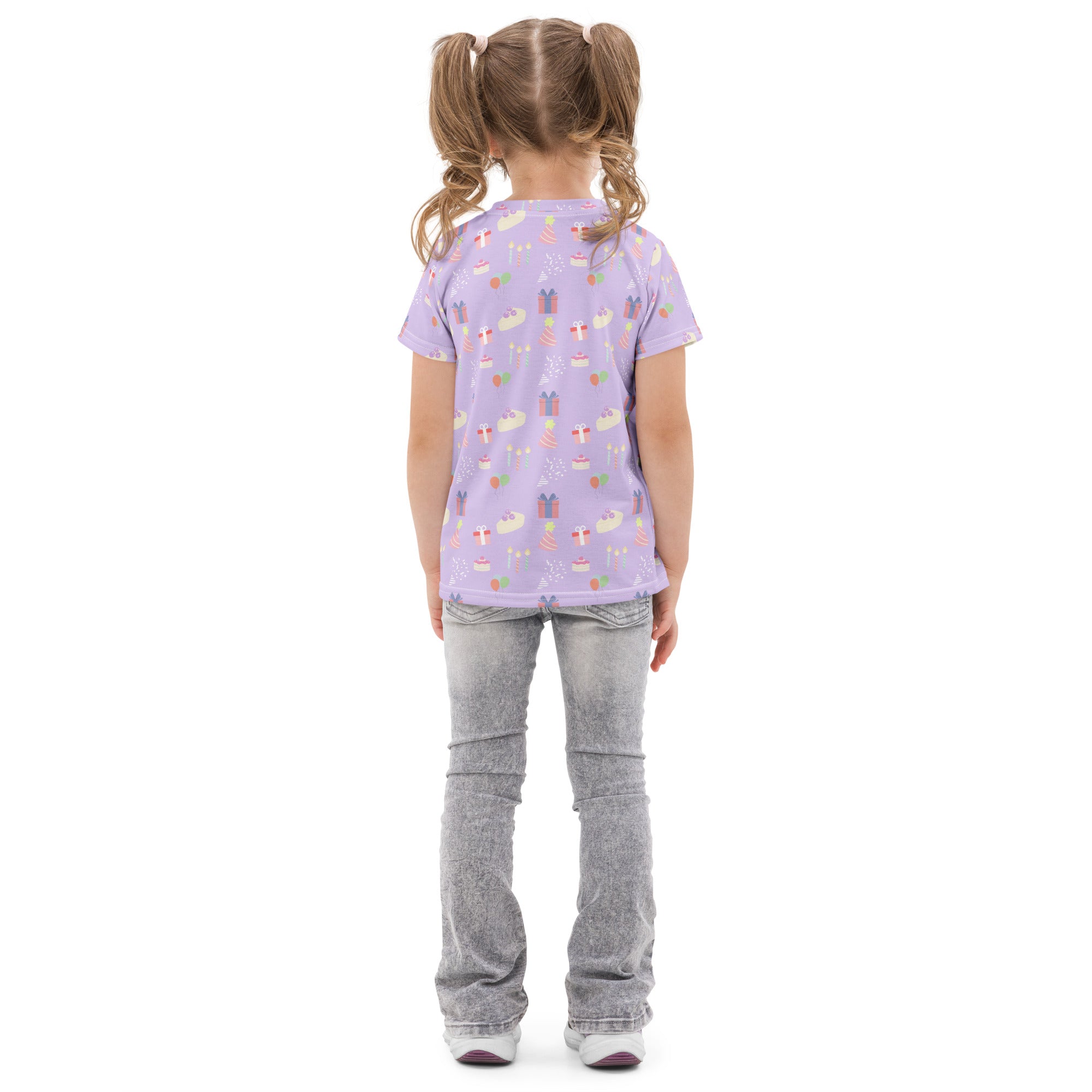 Kids purple birthday party cotton t-shirt in lavender with a playful pastel cupcake gift and ice cream cone pattern