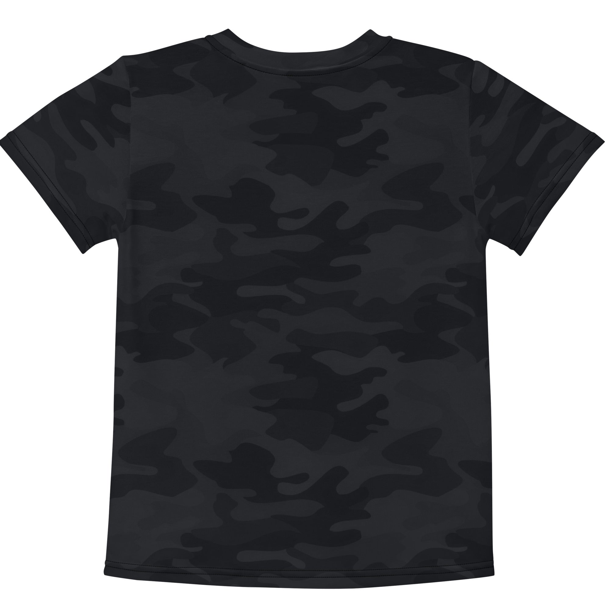 Kids black camouflage cotton t-shirt with short sleeves featuring a black camo pattern for casual wear