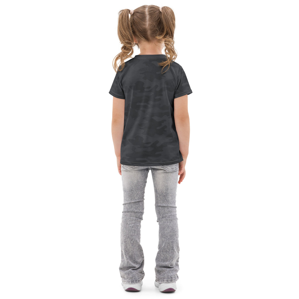 Kids black camouflage cotton short sleeve t-shirt featuring a soft breathable fabric and casual design