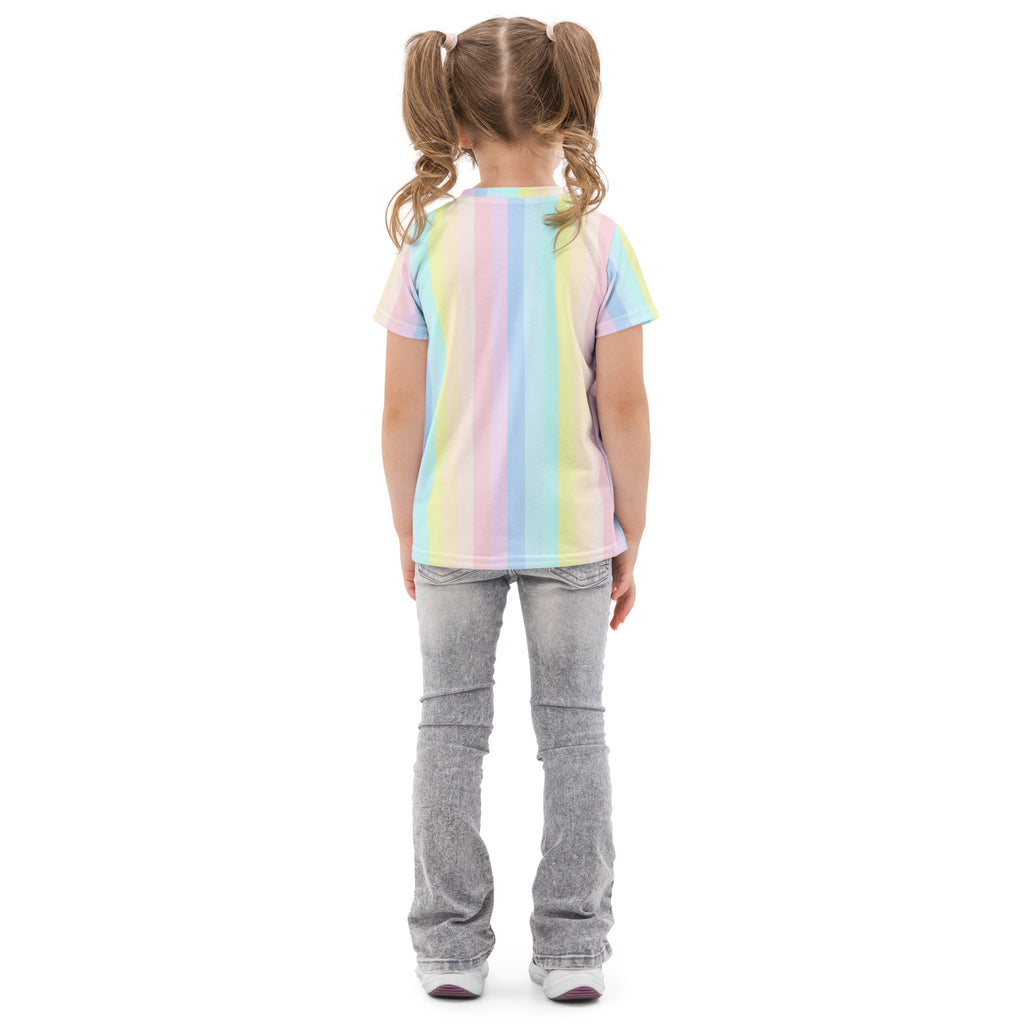 Girls vertical pastel rainbow cotton t-shirt with short sleeves and colorful striped design