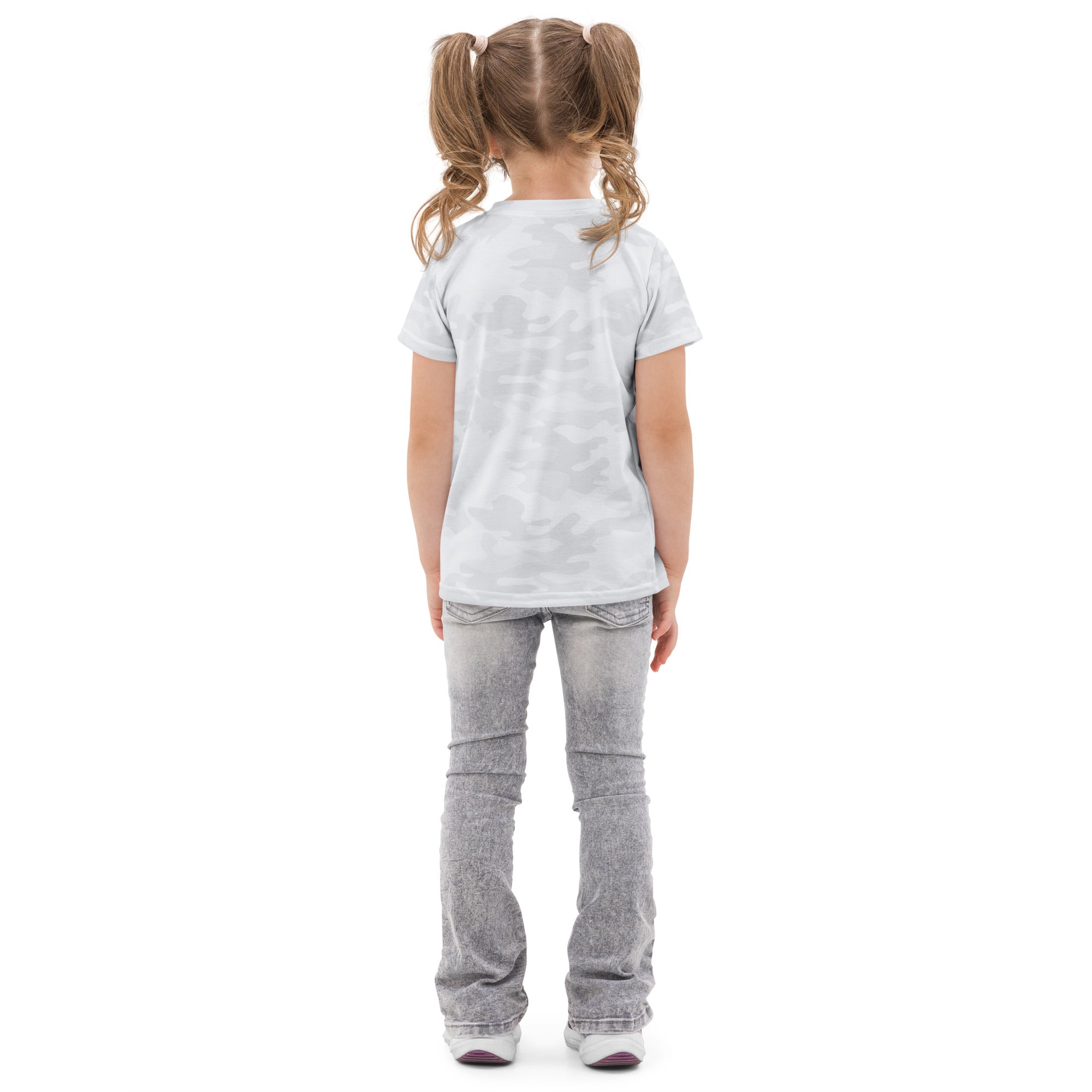 A child wearing a kids white camouflage cotton short-sleeve t-shirt paired with matching faded gray flared jeans