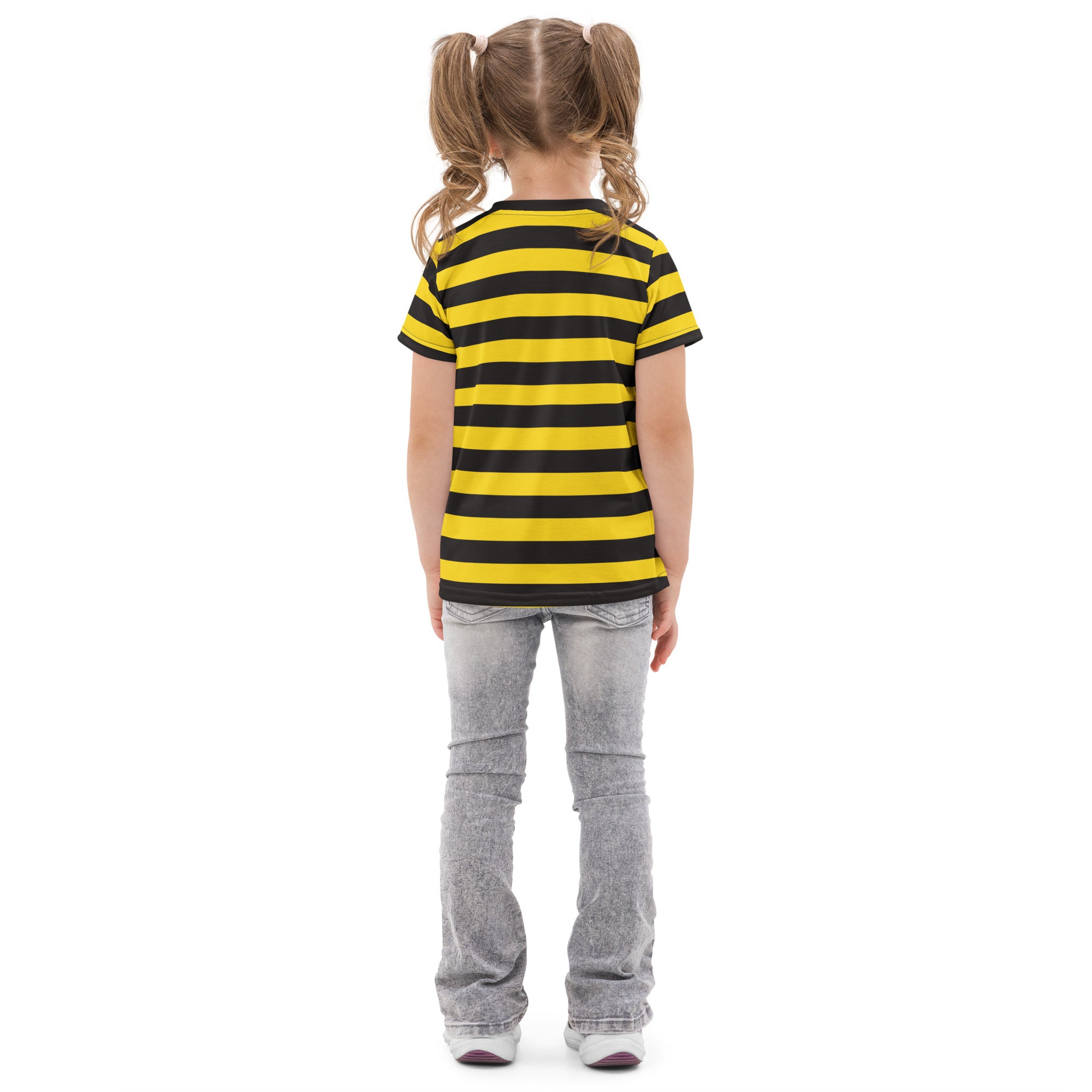 Kids yellow and black stripes bee cotton t-shirt featuring short sleeves and horizontal stripe design
