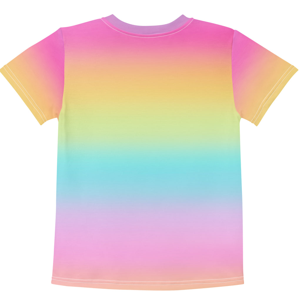 Girls bright rainbow cotton t-shirt featuring a vibrant gradient with smooth color transitions from pink to yellow to blue