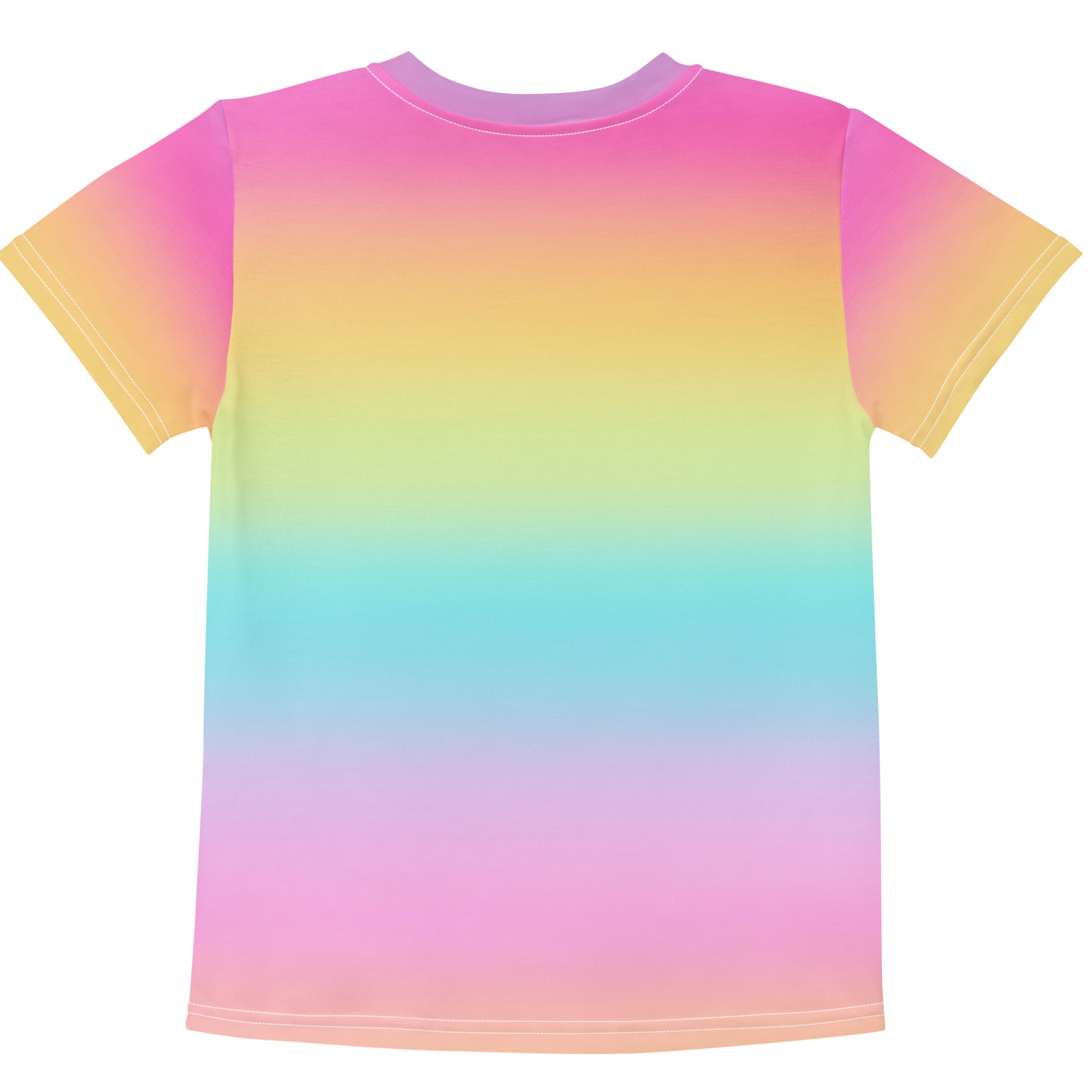 Girls bright rainbow cotton t-shirt featuring a vibrant gradient with smooth color transitions from pink to yellow to blue