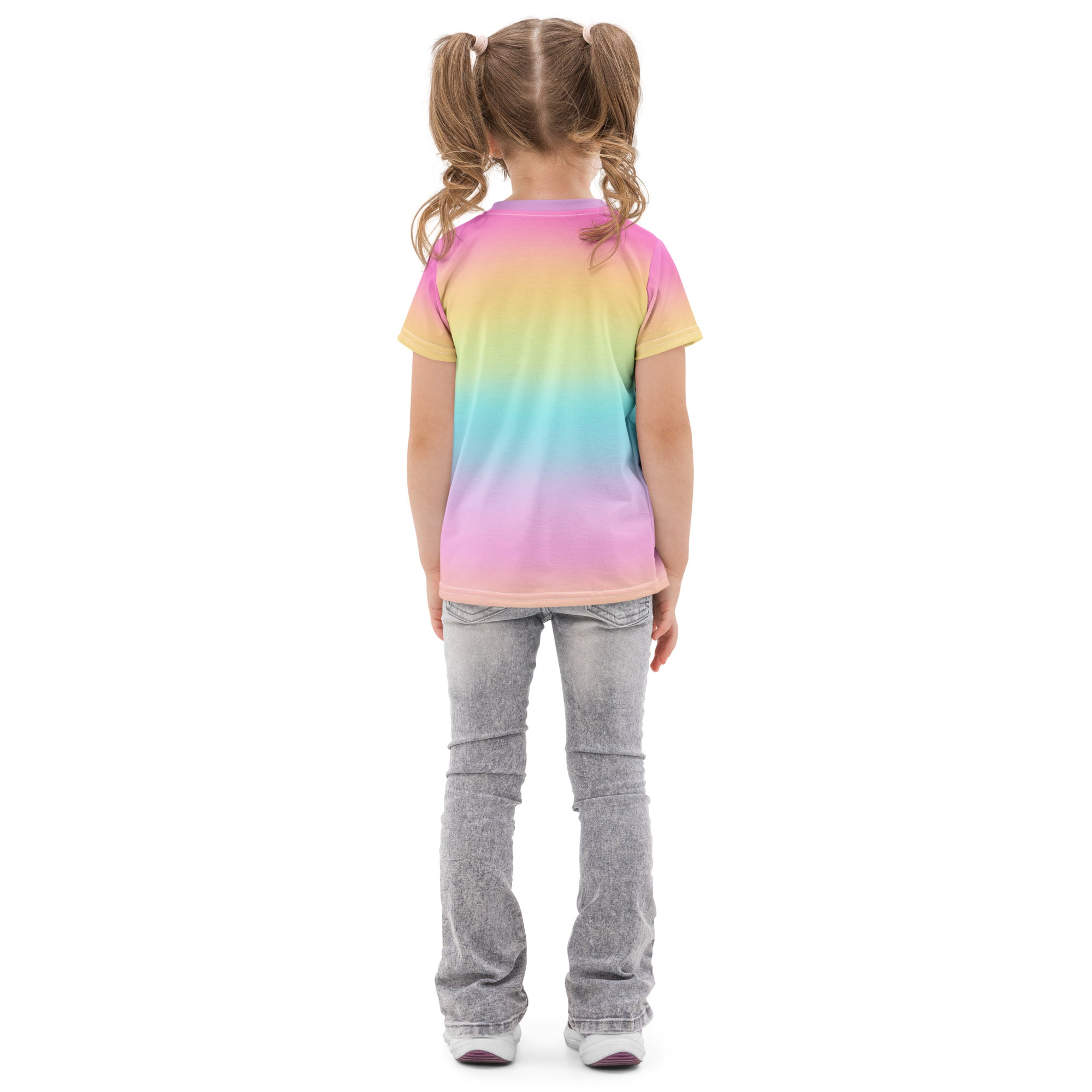 Girls bright rainbow cotton t-shirt with short sleeves round neckline and soft fabric for comfortable wear
