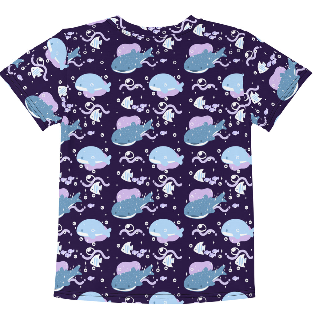 Kids purple whale shark cotton t-shirt navy blue short sleeve with playful light blue and lavender whale fish pattern