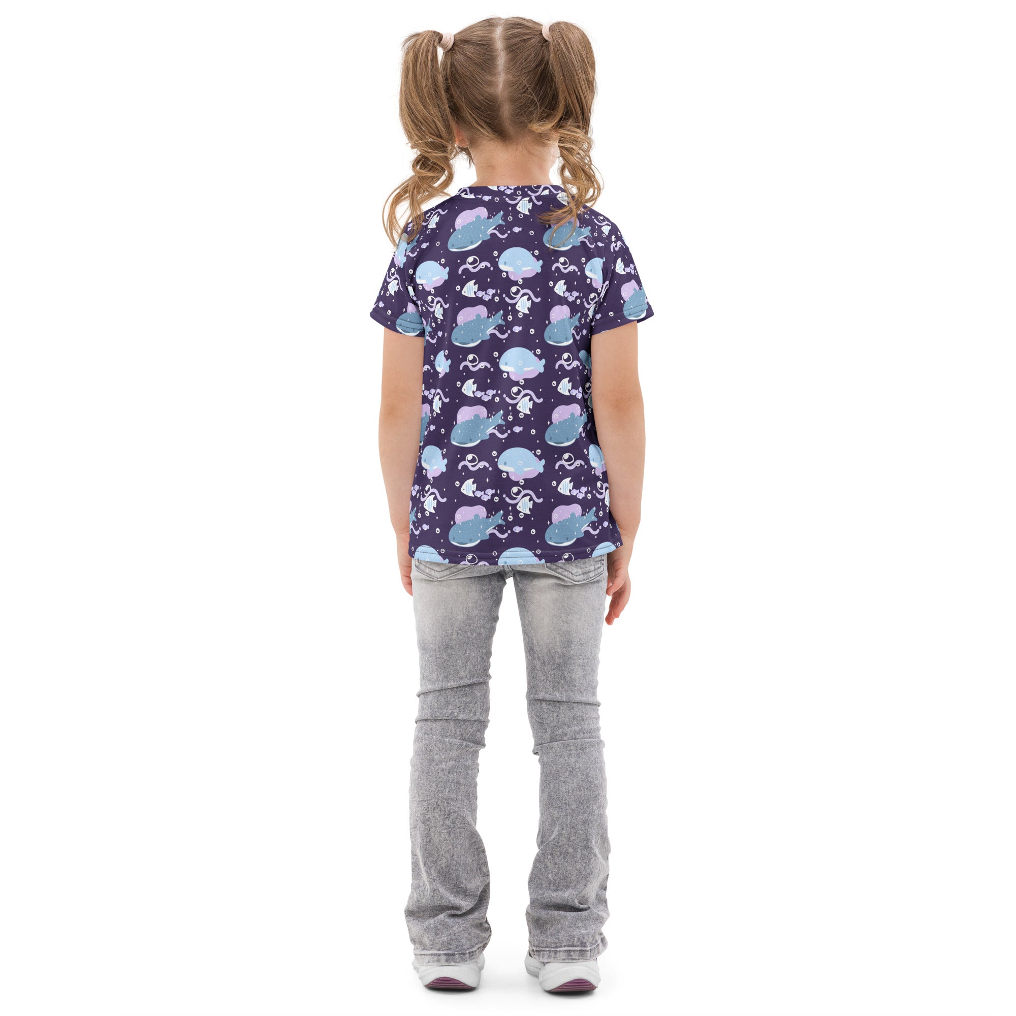 Kids purple whale shark cotton t-shirt with navy blue short sleeves and playful light blue and purple sea creature pattern