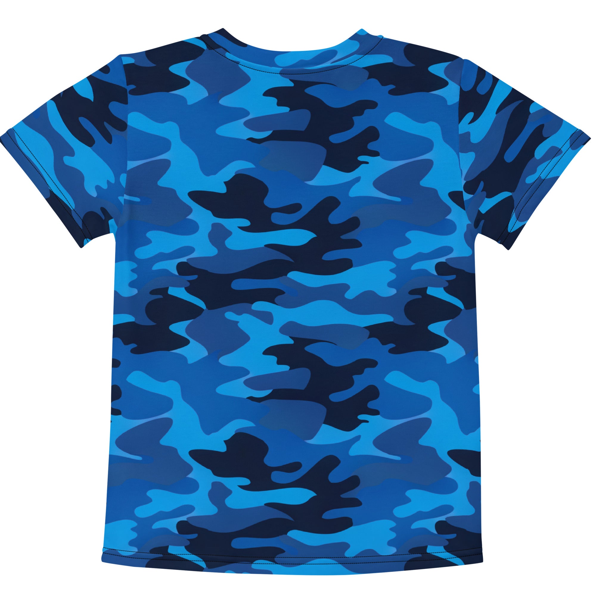 Kids blue camouflage cotton t-shirt featuring short sleeves and a comfortable fit for active wear