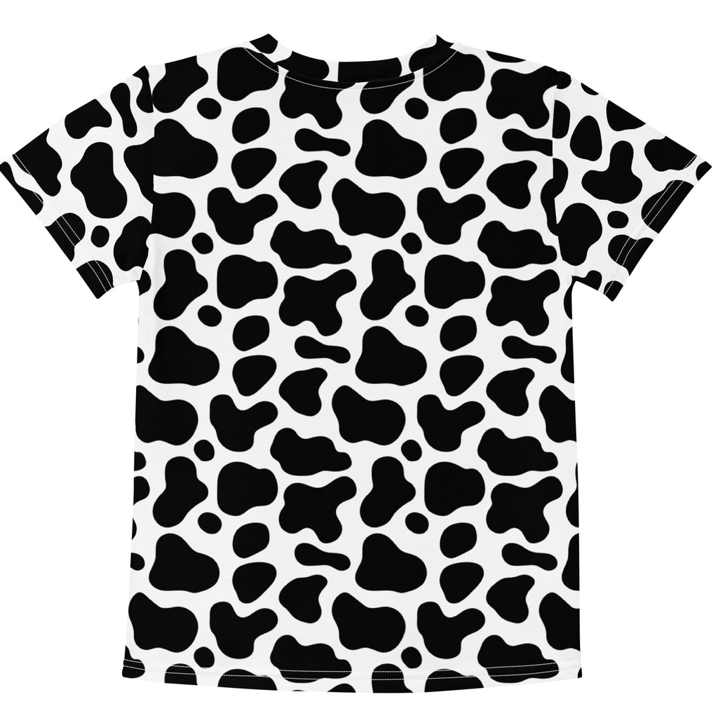 Kids black and white cow print short-sleeved cotton t-shirt for casual wear with a playful animal pattern