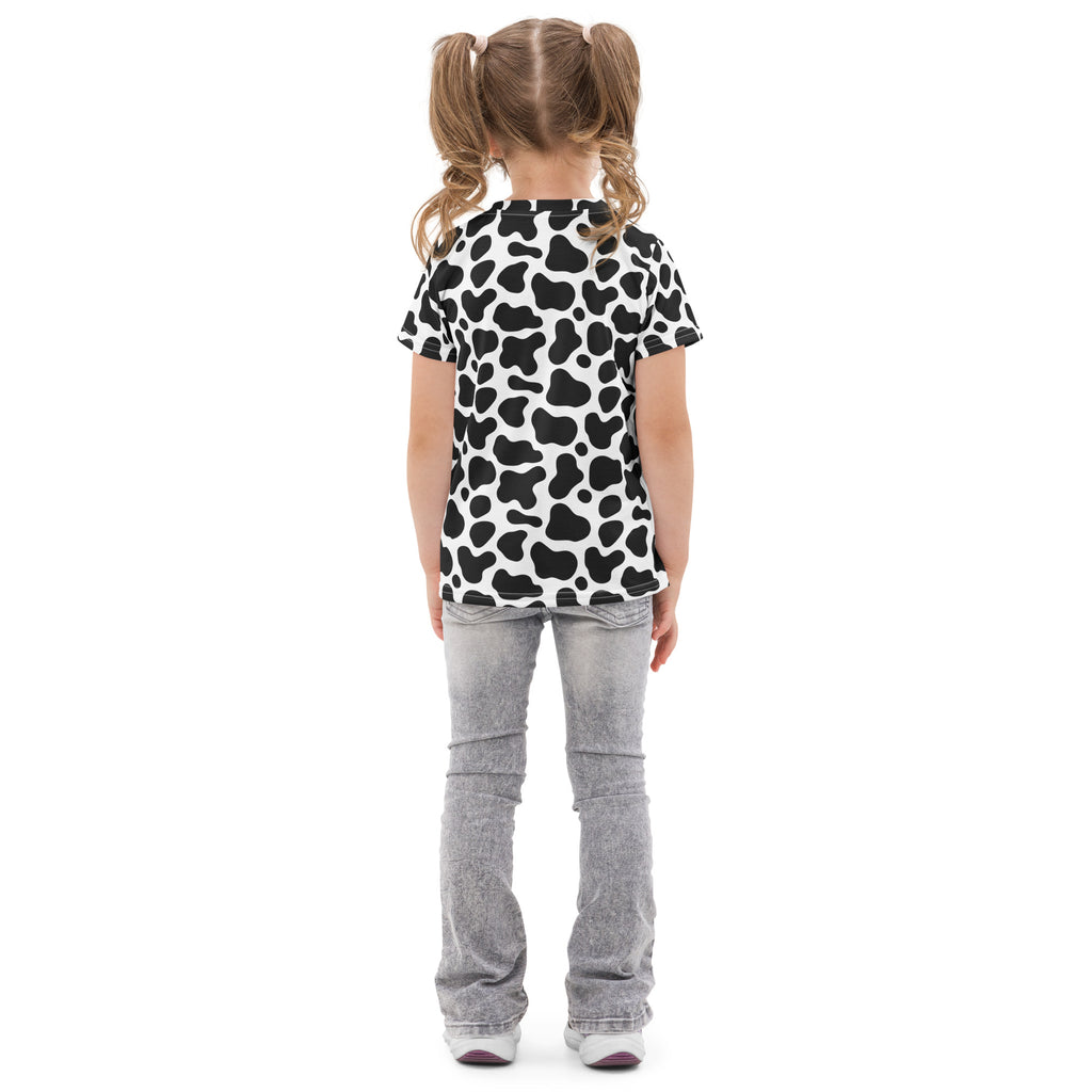 Kids black and white cow print cotton t-shirt with short sleeves showcasing the front design