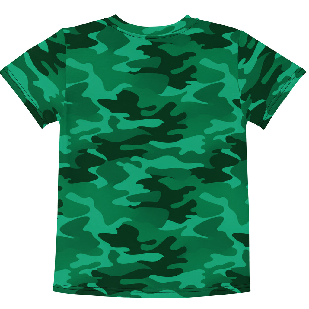 Kids green camouflage cotton t shirt with short sleeves and a comfortable fit for everyday wear