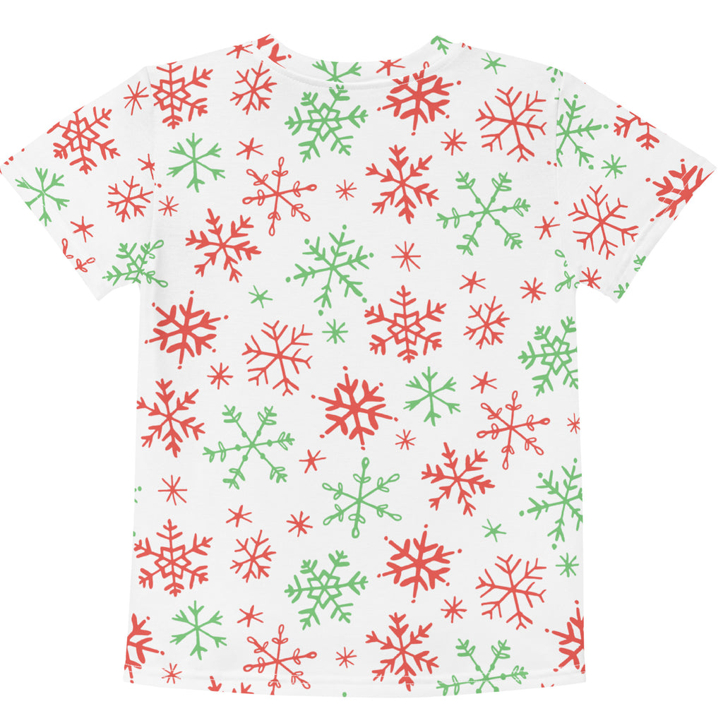 White cotton kids t-shirt with festive red and green snowflakes pattern for Christmas wear