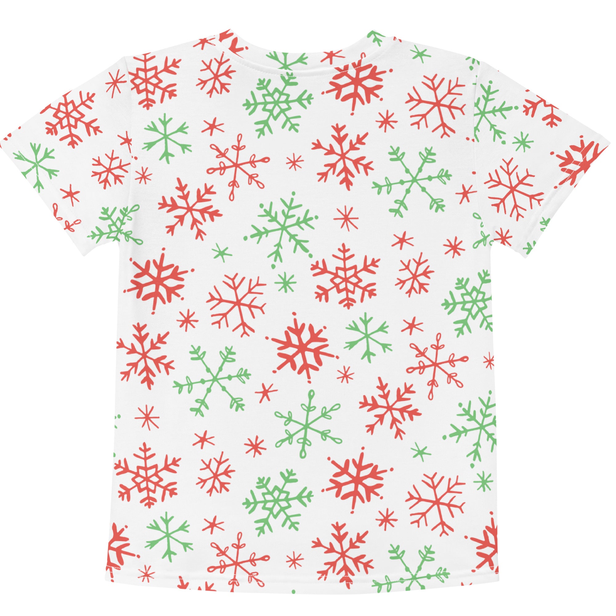 White cotton kids t-shirt with festive red and green snowflakes pattern for Christmas wear