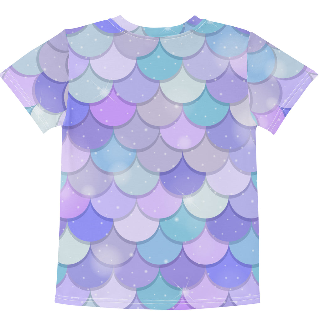 Girls purple mermaid cotton t-shirt with short sleeves and vibrant pastel mermaid scale print in purple lavender and teal