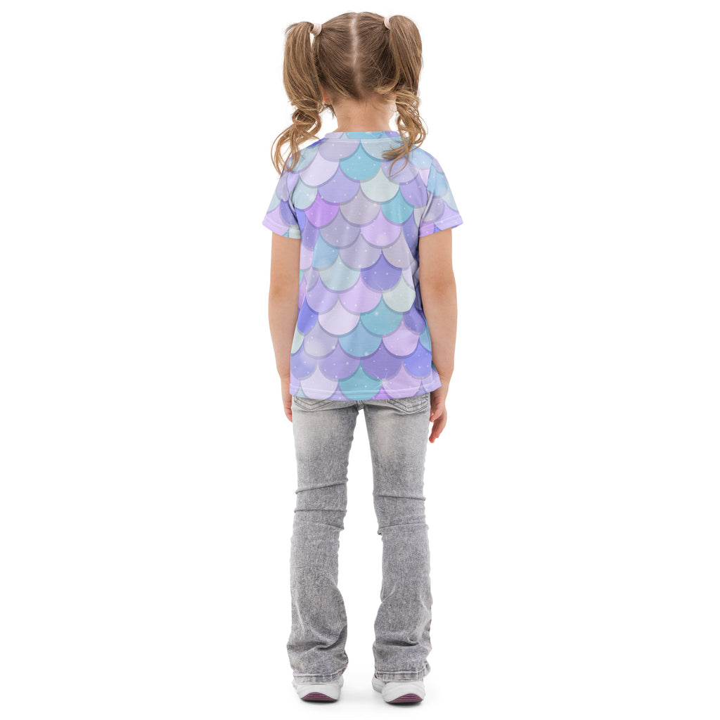 Girls purple mermaid cotton t-shirt with vibrant iridescent short-sleeved scales in purple blue and light teal