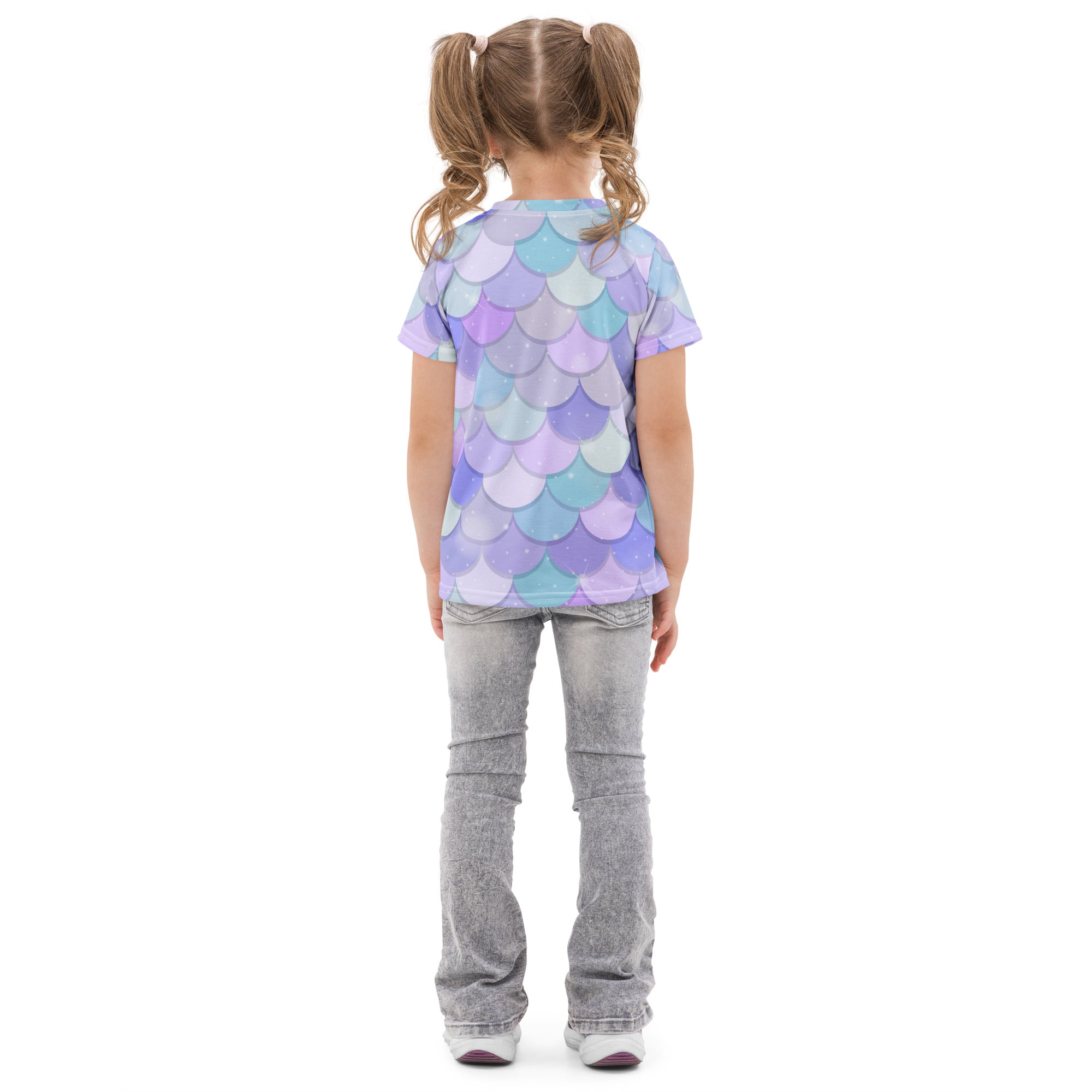 Girls purple mermaid cotton t-shirt with vibrant iridescent short-sleeved scales in purple blue and light teal