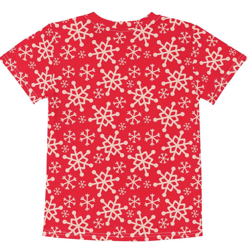 Kids red short-sleeved cotton t-shirt with cream-colored snowflake pattern for Christmas wear