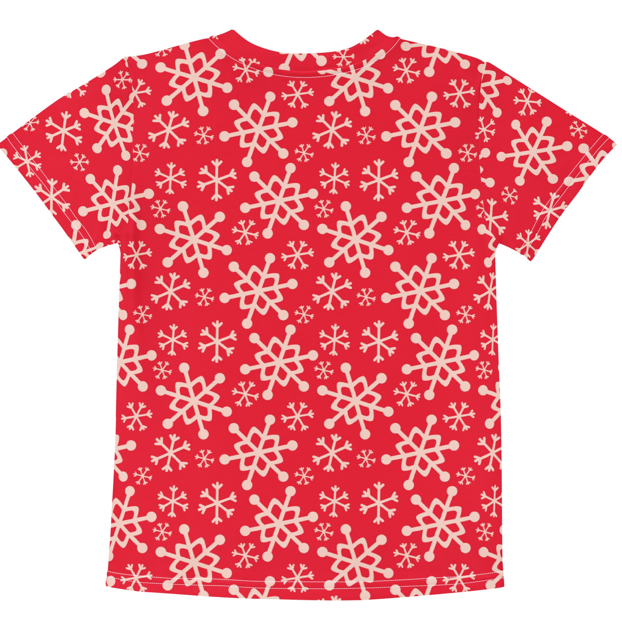 Kids red short-sleeved cotton t-shirt with cream-colored snowflake pattern for Christmas wear