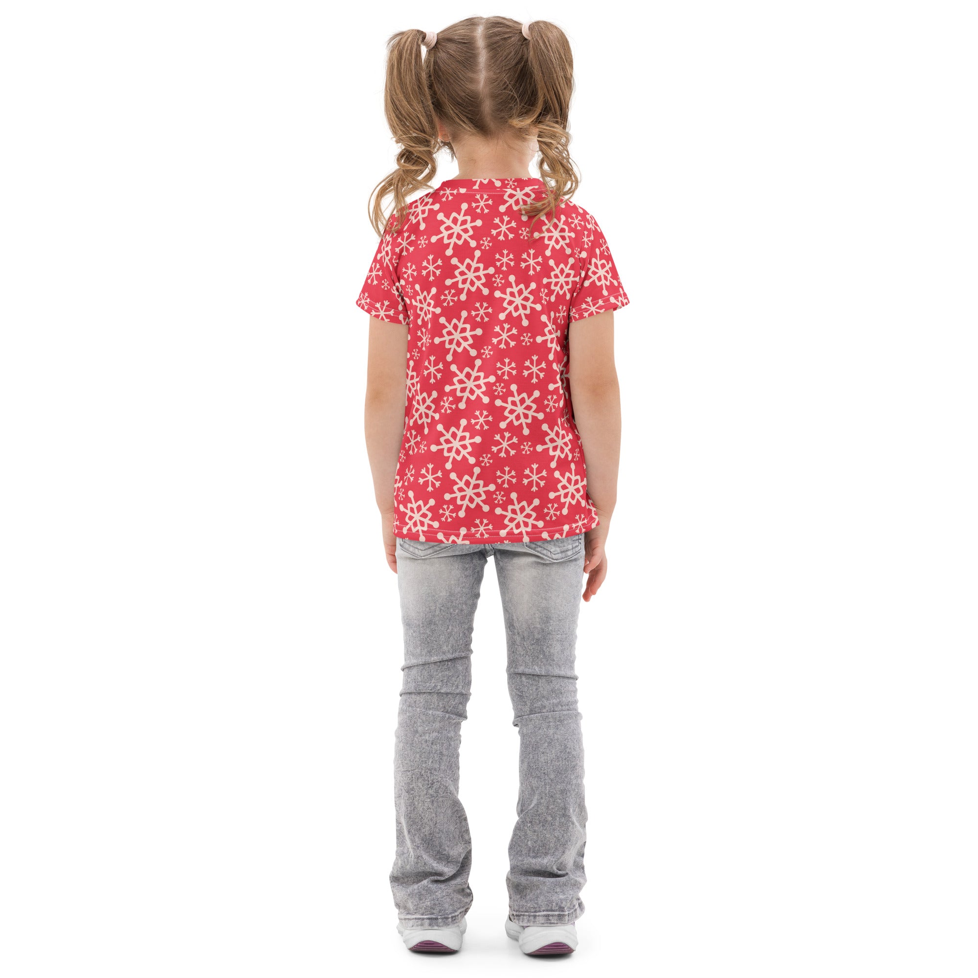 Kids red cotton t-shirt with short sleeves and white snowflake pattern for Christmas wear