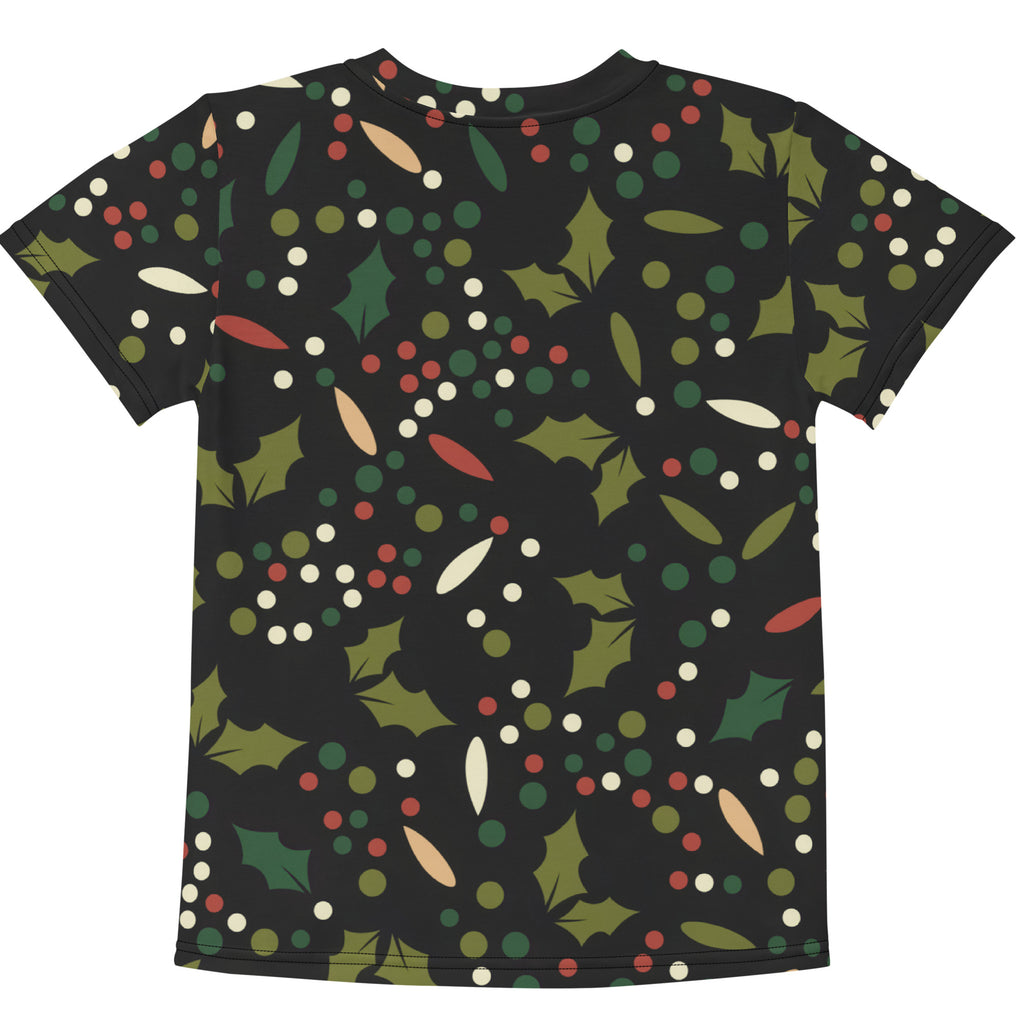 Kids holly berry christmas cotton t-shirt black short-sleeved with festive green holly leaves red berries pattern