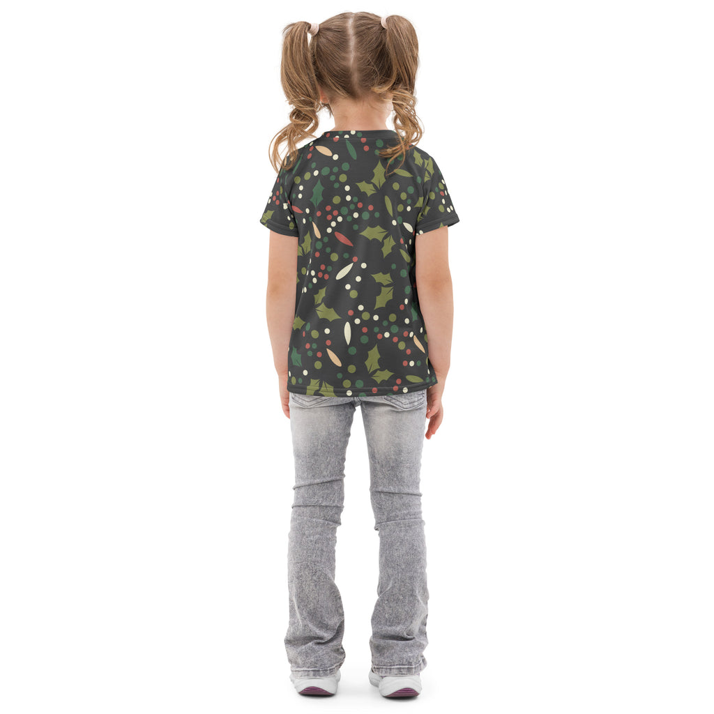 Kids holly berry christmas cotton t-shirt in dark green with holly leaves berries and white dots festive pattern