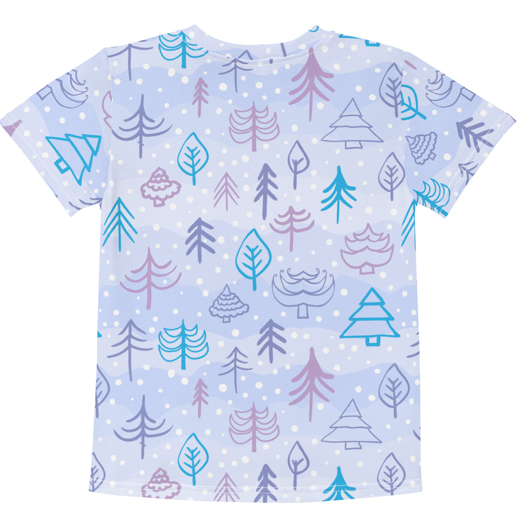 Kids winter forest cotton t-shirt in light blue with teal purple and gray stylized trees and leaves pattern