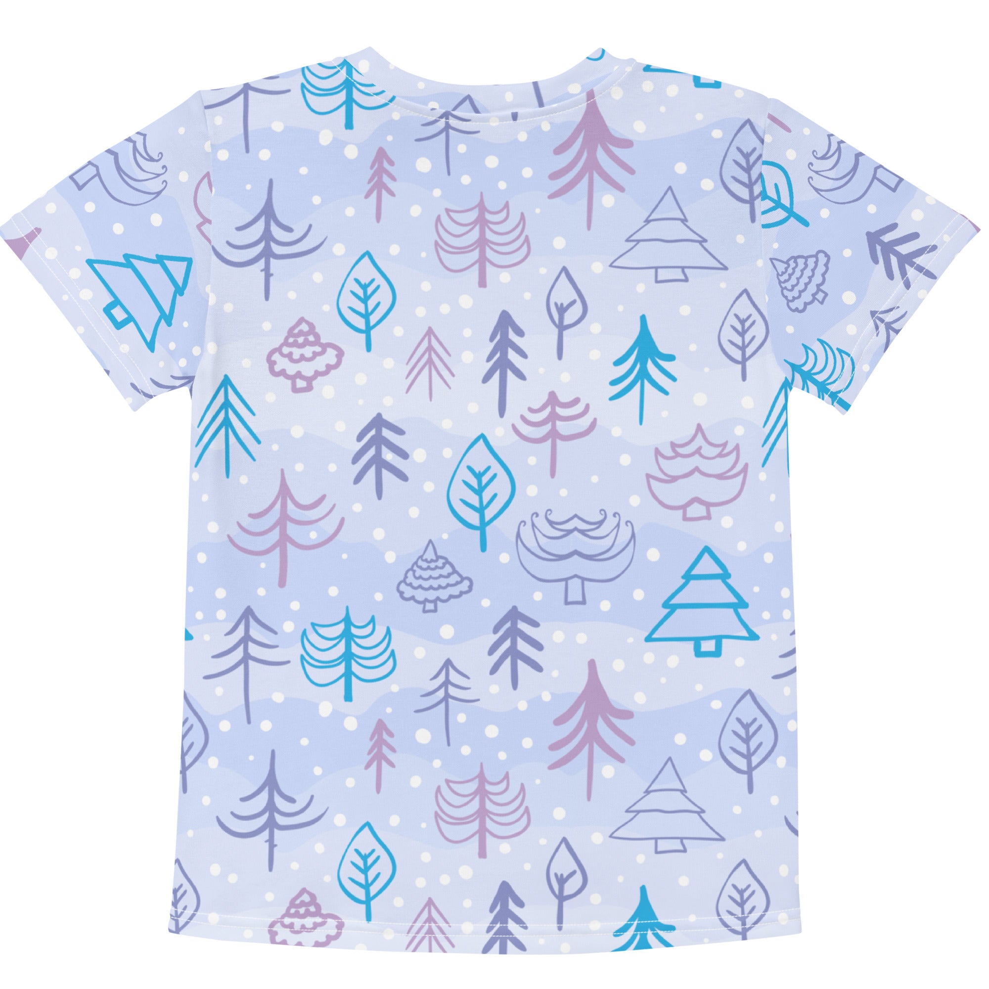 Kids winter forest cotton t-shirt in light blue with teal purple and gray stylized trees and leaves pattern