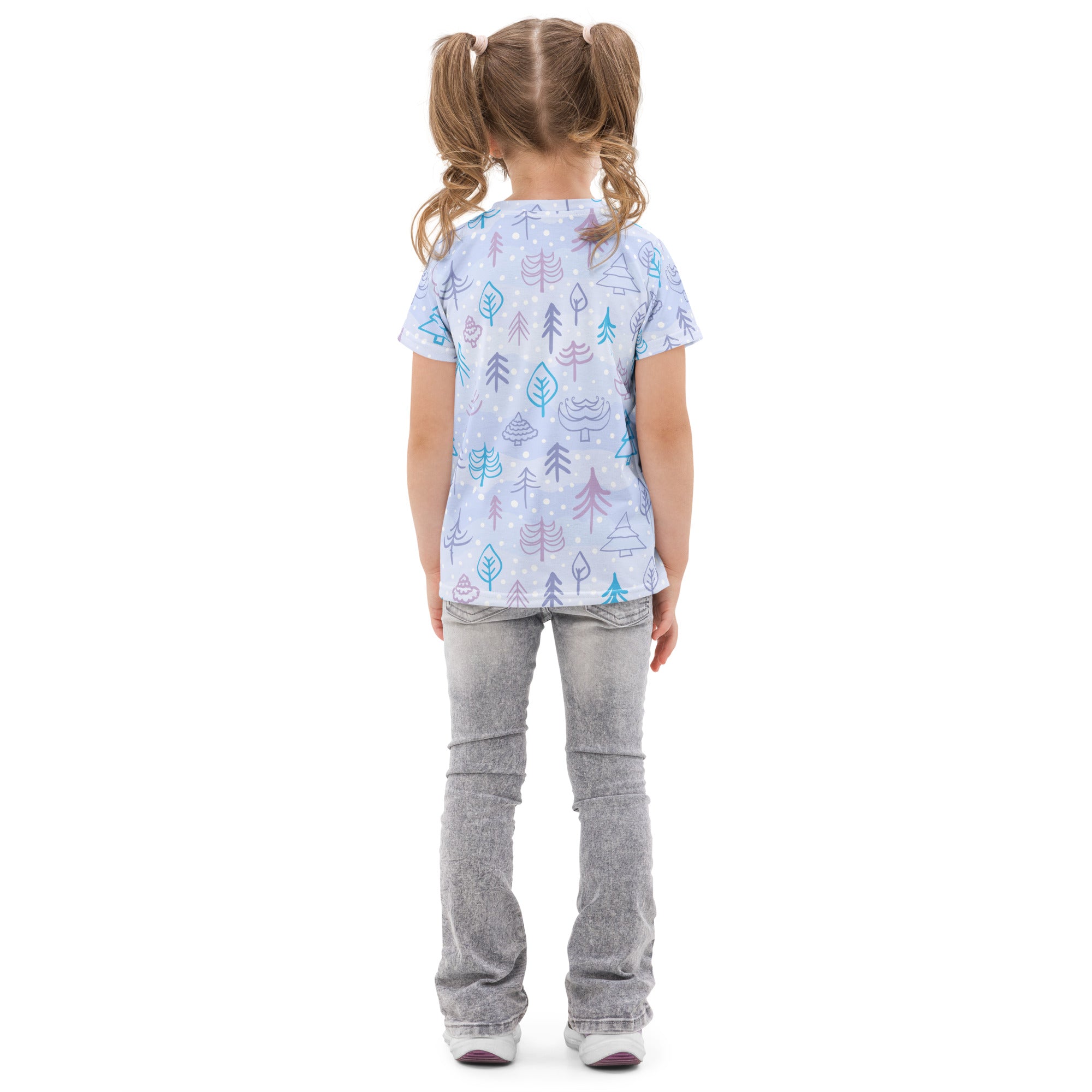 Light blue kids winter forest cotton t-shirt with short sleeves and playful teal purple and green tree pattern