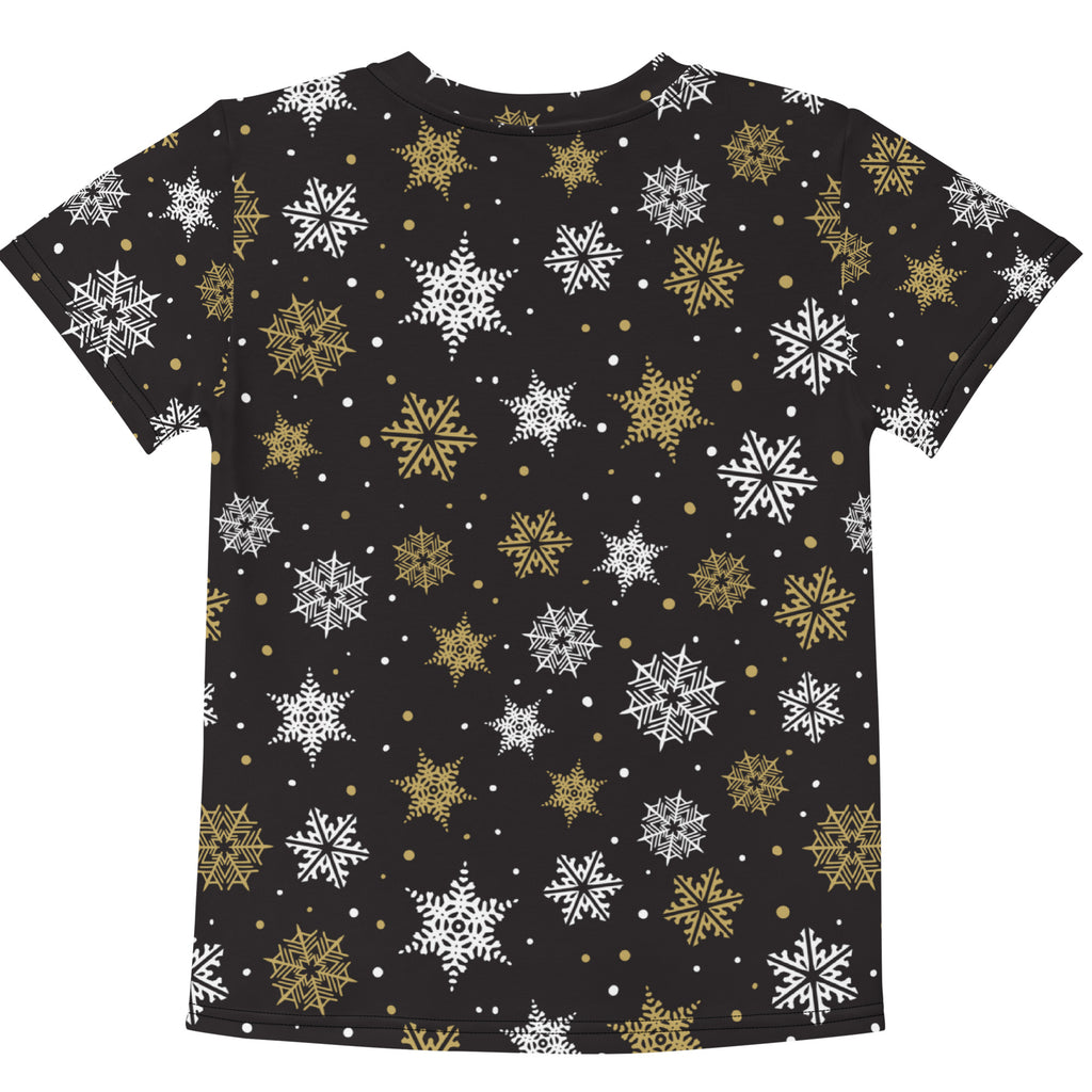 Kids gold snowflakes cotton t-shirt in black with white and gold festive snowflake pattern on short sleeves