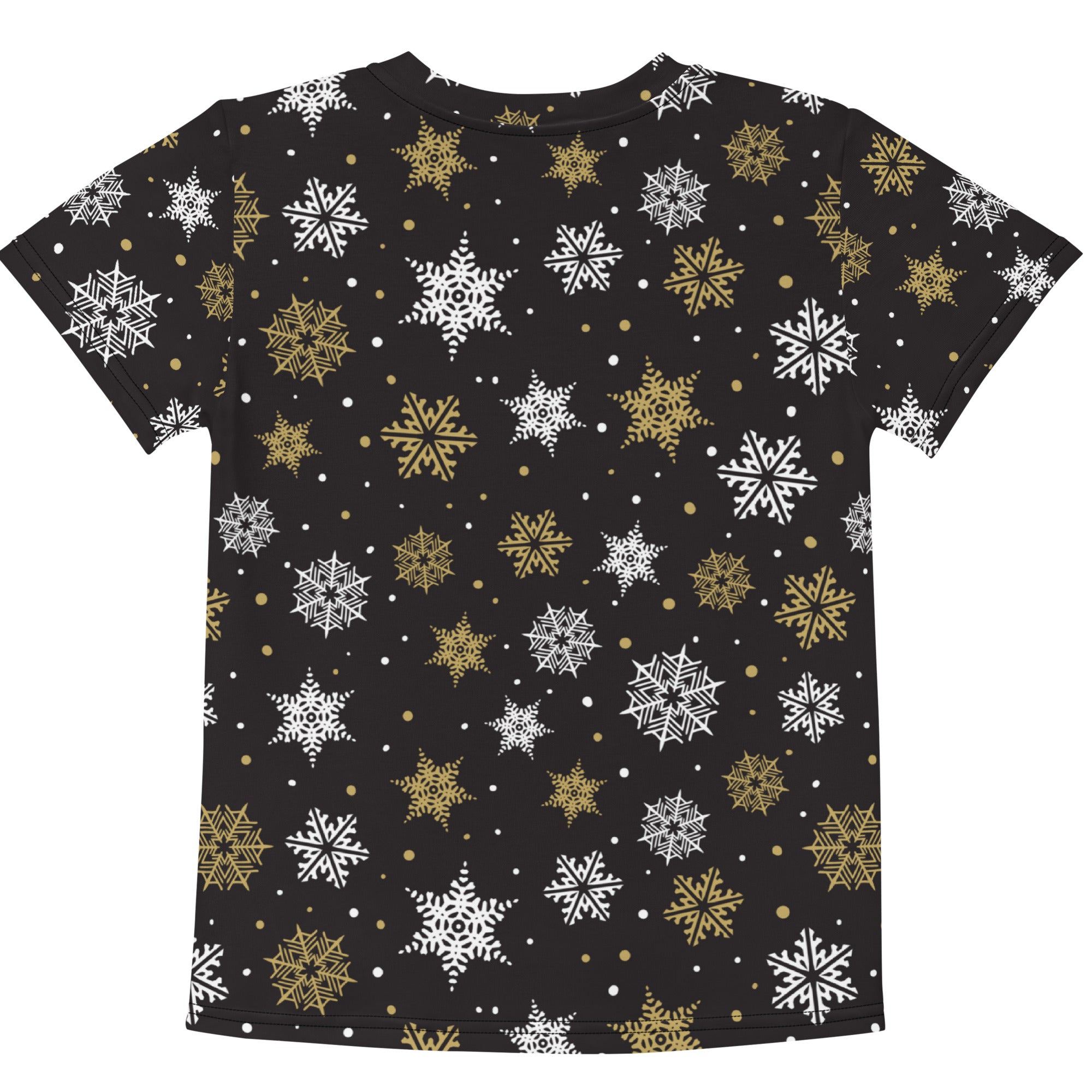 Kids gold snowflakes cotton t-shirt in black with white and gold festive snowflake pattern on short sleeves