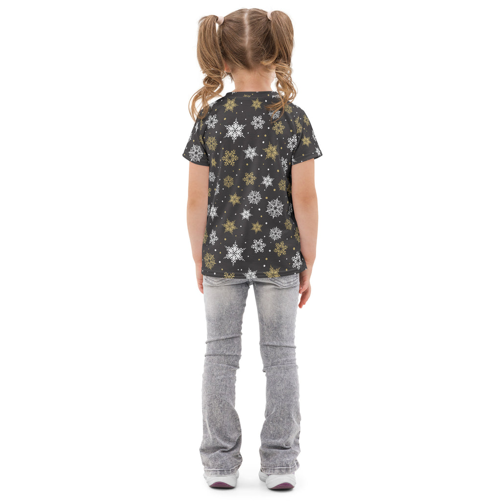 Kids gold snowflakes cotton t-shirt in black with white and gold snowflake pattern short-sleeved design