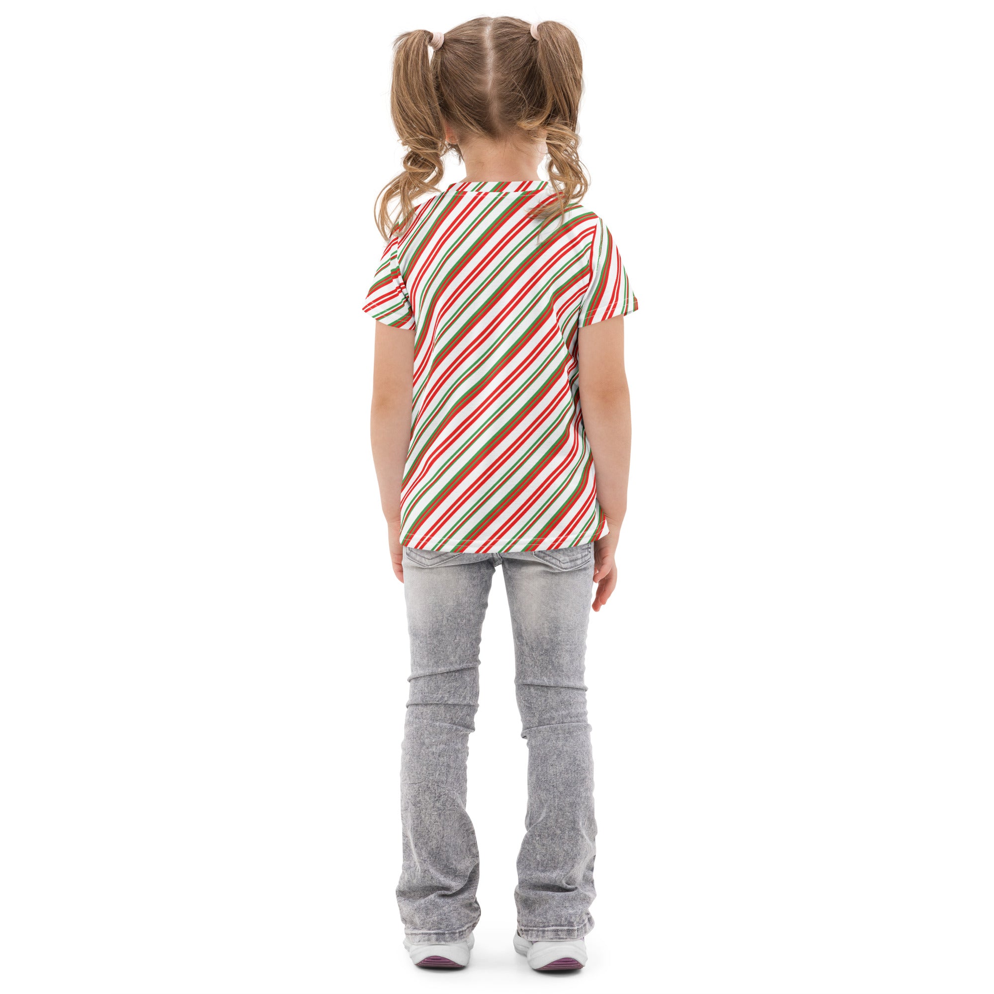 A child wearing a kids candy cane stripe cotton t-shirt with red green and white diagonal stripes