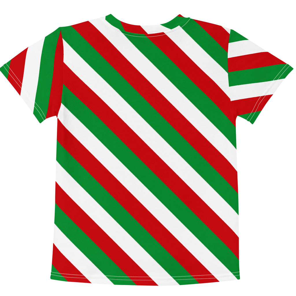 Kids bold candy cane stripe cotton short-sleeved t-shirt with red green and white diagonal stripes