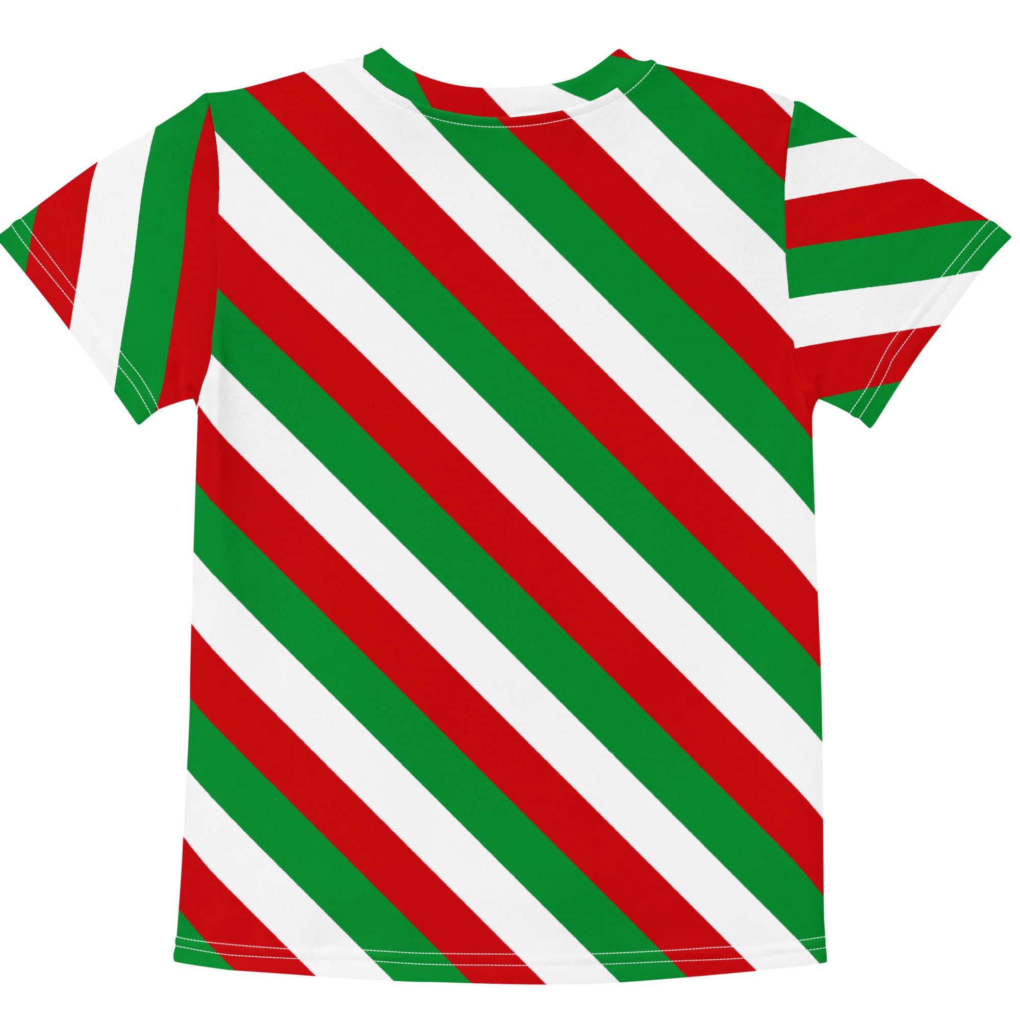 Kids bold candy cane stripe cotton short-sleeved t-shirt with red green and white diagonal stripes