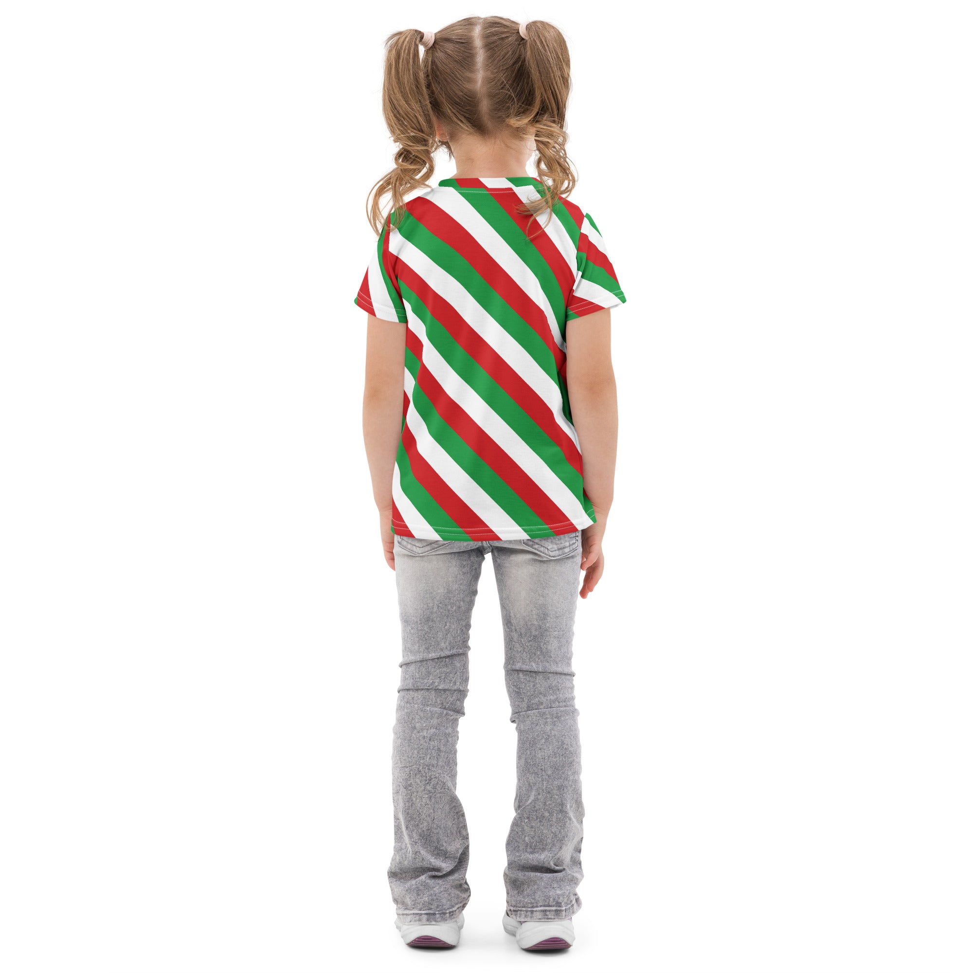 Kids bold candy cane stripe cotton t shirt with short sleeves and red green white diagonal stripes