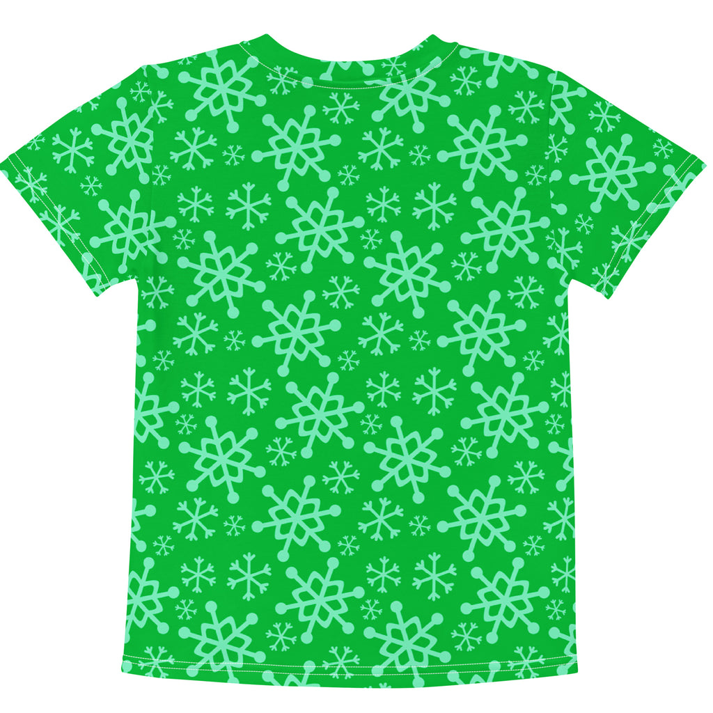 Kids green snowflakes Christmas cotton t-shirt with bright green short sleeves and repeating light mint snowflake pattern