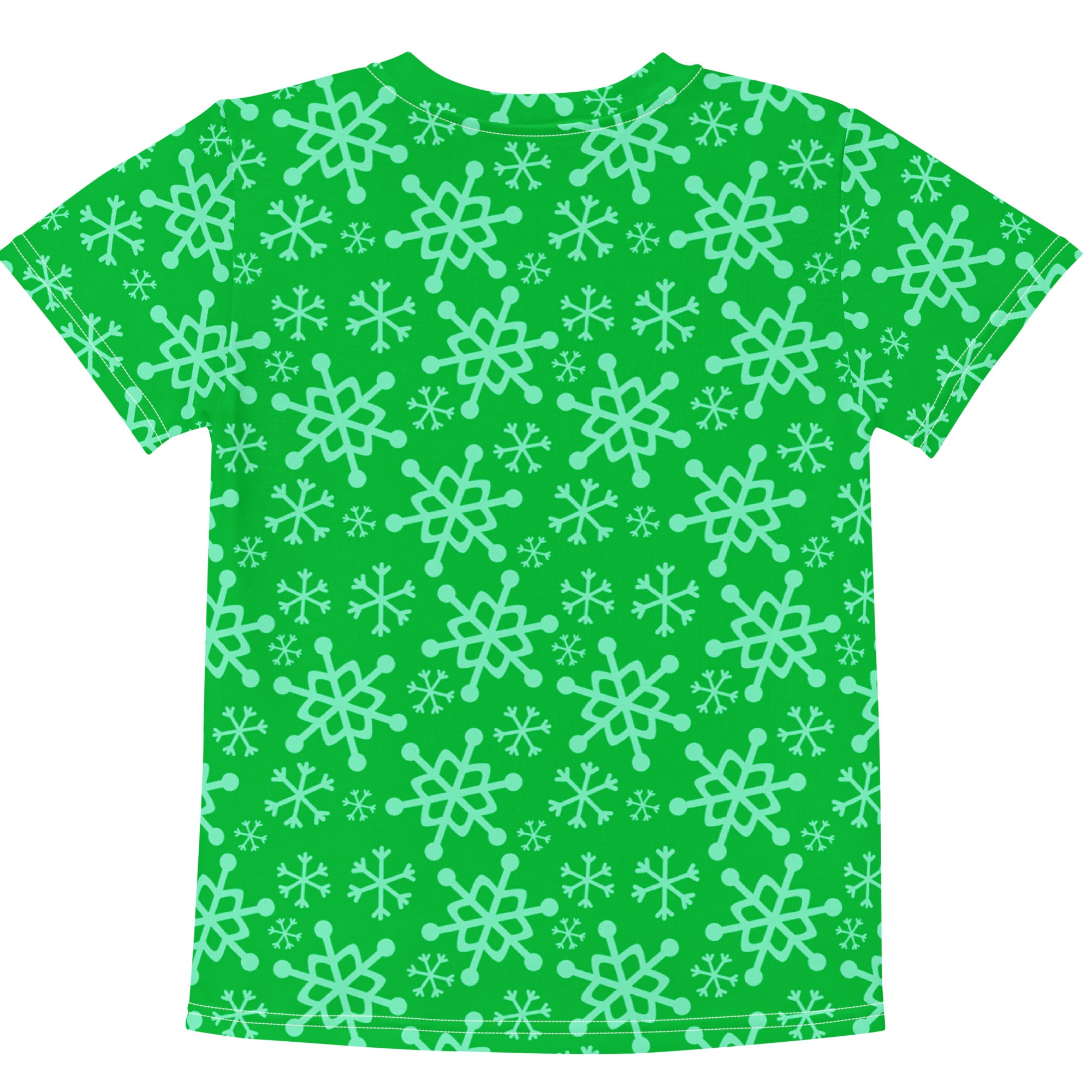 Kids green snowflakes Christmas cotton t-shirt with bright green short sleeves and repeating light mint snowflake pattern